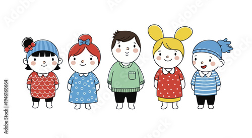 Diverse Group of Five Adorable Cartoon Children Standing Together.