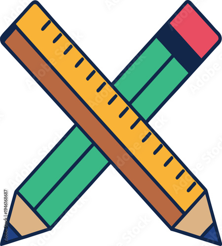 Yellow ruler and green pencil crossed together with pink eraser vector illustration EPS PNG file