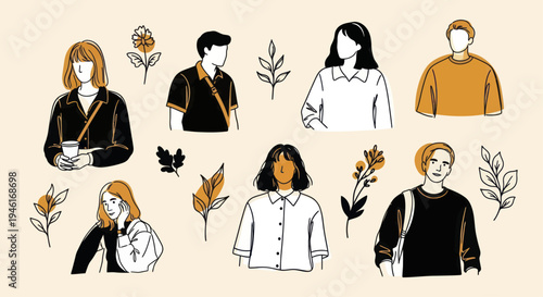 Diverse Group of Hand-Drawn People with Botanical Elements.