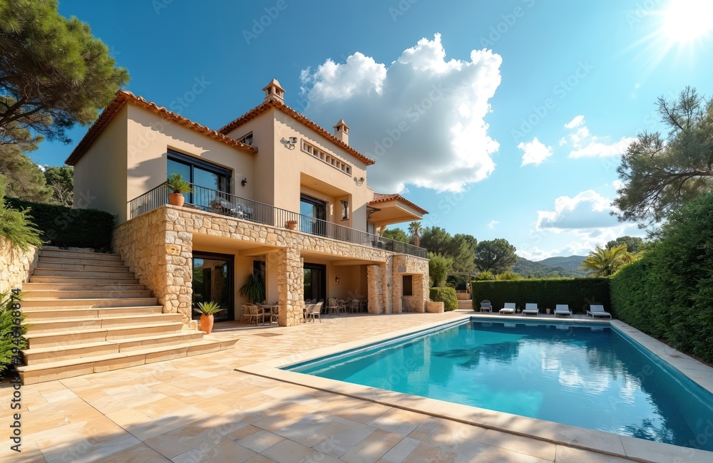 Fototapeta premium Luxury villa with private pool features stone accents and spacious living areas. This Mediterranean residence offers picturesque vacation retreat with balconies and terraces ideal for summer getaways.