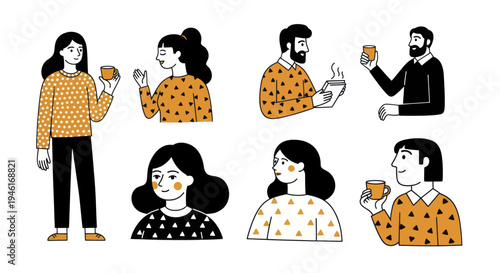 Diverse Group of People Enjoying Food and Beverages in a Hand-Drawn Style Illustration.