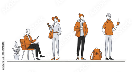 Diverse group of people in various poses and activities, hand-drawn sketch style.