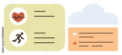 Health tracking, fitness apps, wellness management, healthcare technology, data storage, cloud systems. Heartbeat and running icons with text areas. Health tracking and fitness apps theme
