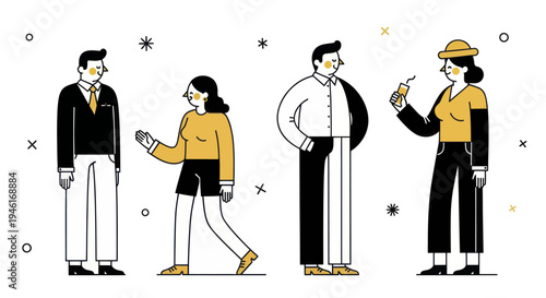 Diverse group of people standing and interacting in a minimalist illustration style.
