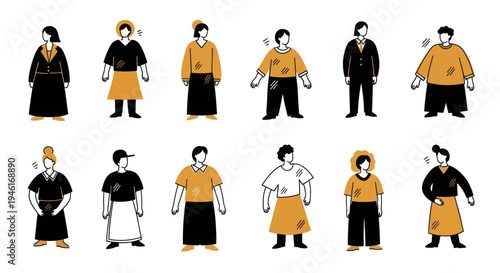 Diverse group of people standing in various poses and attire.