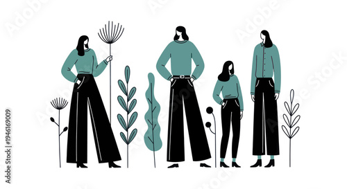 Diverse group of women standing together in a minimalist illustration.