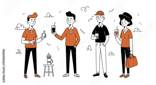 Diverse Group of Young Adults Enjoying Refreshing Beverages Together.