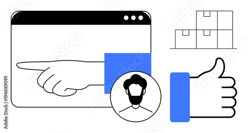 Business management. Business tools thumbs up user profile, hand gestures for interaction, and boxes for logistics are central to business operations. Business visuals for operations, logistics