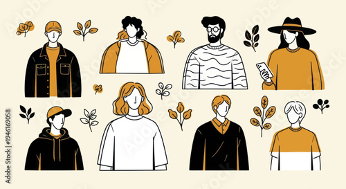 Diverse Group of Young Adults in Stylish Outfits with Autumnal Leaf Accents.