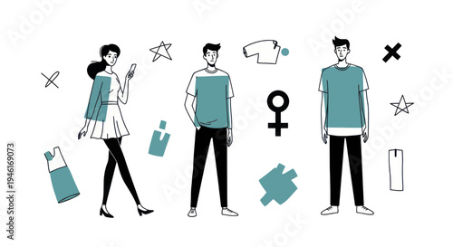 Diverse Group of Young Adults with Fashion and Gender Symbols.