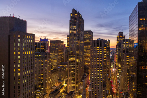 Hotels, office buildings and skyscrapers in the skyline at sunset in midtown Manhattan New York City New York USA
