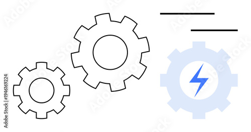 Three interconnected gears, one highlighted with a lightning icon, alongside minimal lines. Ideal for concepts thumbs up engineering, energy, innovation, collaboration, teamwork, progress process