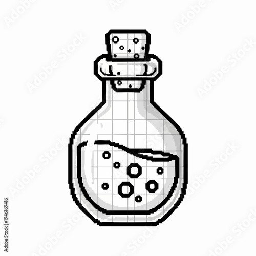 A simple drawing of a potion bottle with bubbles.