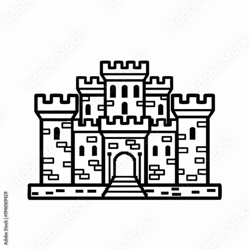 A stylized black and white drawing of a medieval castle structure.