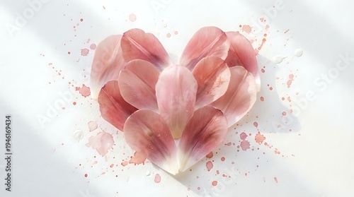 Pink tulip petals arranged in heart shape with watercolor splashes on white background for romantic design projects.