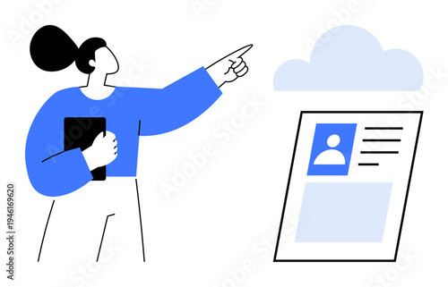 Identity management. Person interacting with digital profile in cloud environment, identity management, secure data access, and cloud technology. For IT, user profiles, online accounts, digital