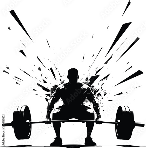 Dynamic Black Silhouette of Muscular Bodybuilder Lifting Barbell with Abstract Explosive Splatter Effect Isolated on White Background for Gym and Fitness Motivation Design