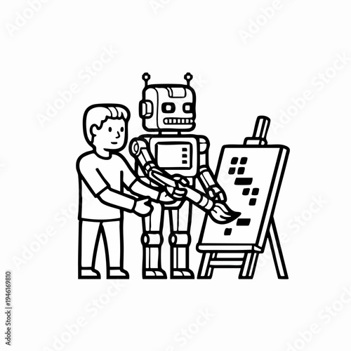 Boy and robot painting together on an easel.