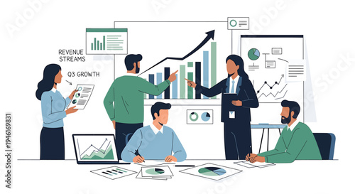 Vector illustration of business team analyzing data and graphs in meeting