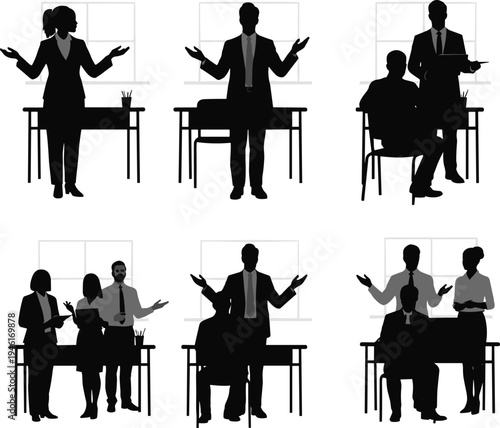 Business people in office environment silhouette set showing teamwork, presentations, meetings, collaboration, and professional interaction with desks and whiteboards.