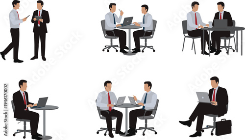 Business professionals teamwork illustration with office discussion, laptop work, corporate communication, strategy planning, collaboration, meeting, management, consulting, partnership, negotiation.