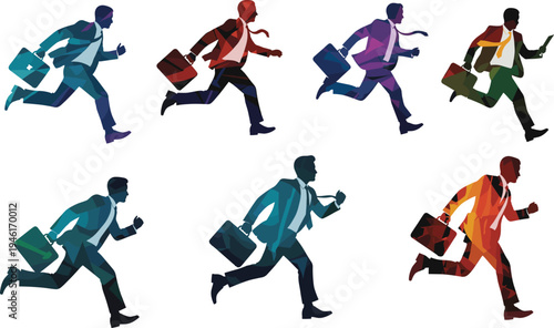 Businessman running with briefcase in hurry, corporate professional rushing for work deadline, dynamic vector illustration of office worker speed.