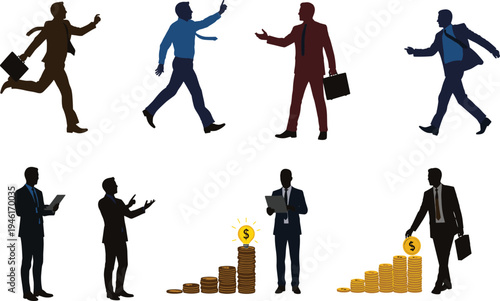 Businessmen running, walking, presenting and analyzing money growth, professional office people with documents and coins, corporate finance success vector illustration