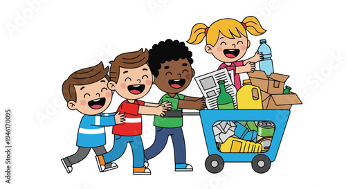 Four happy children, three boys and a girl, joyfully push a blue shopping cart overflowing with various items for recycling, including bottles, boxes, and newspapers.