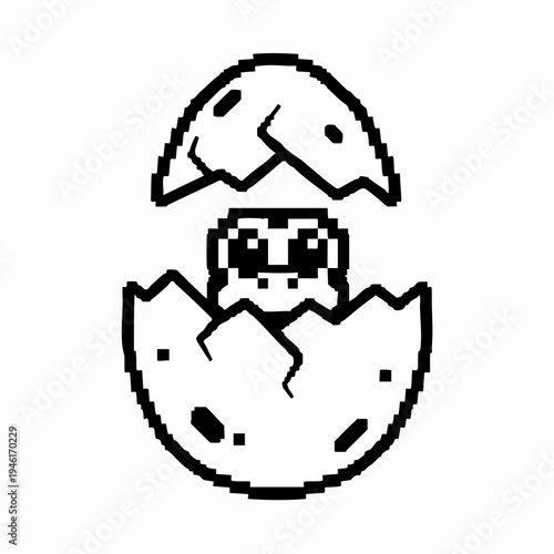 Cute Pixel Art Baby Dinosaur Hatching from Egg.