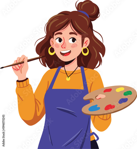 Cartoon illustration of young female artist holding paintbrush and palette, creative painter character, art hobby, painting concept, artistic lifestyle vector