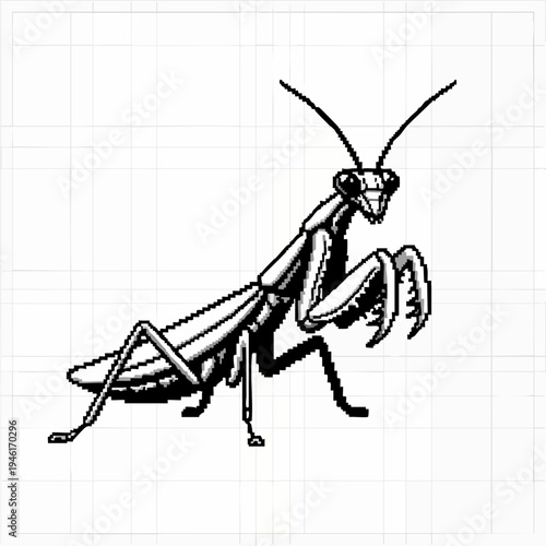 Detailed illustration of a praying mantis in a predatory stance.