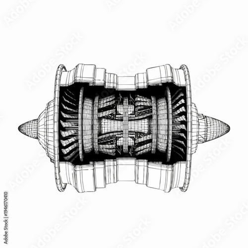 Detailed Wireframe Schematic of a Jet Engine Turbine.