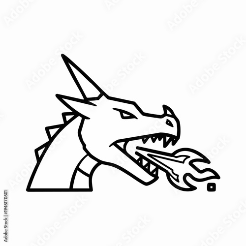 Dragon Head Breathing Fire Line Art Illustration.