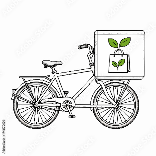 Eco-friendly bicycle delivery service with green shopping bag logo.