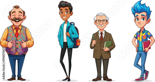 Colorful cartoon illustration of teachers and students characters in different styles, educational concept vector art for school learning themes.