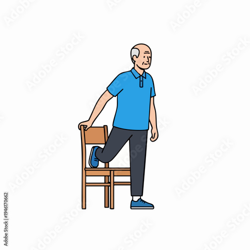 Elderly man performing leg exercise holding onto chair for support.