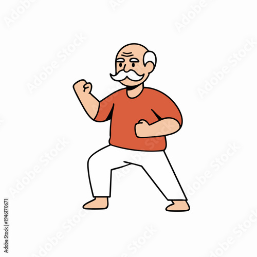 Elderly Man Practicing Martial Arts with Determined Expression.