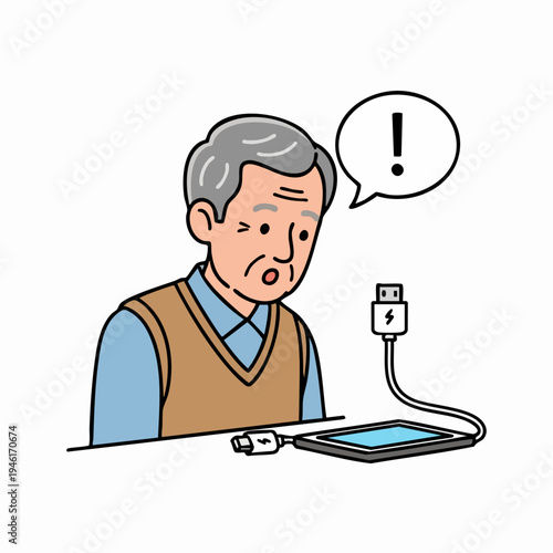 Elderly man surprised by tablet charging issue.