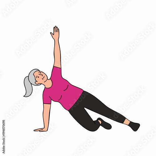 Elderly Woman Performing Side Plank Exercise.