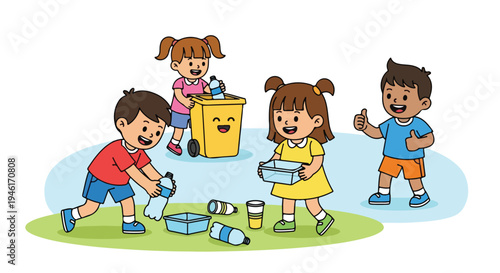 Four happy cartoon children are actively engaged in sorting and recycling plastic waste into a yellow bin and a blue container in an outdoor setting.