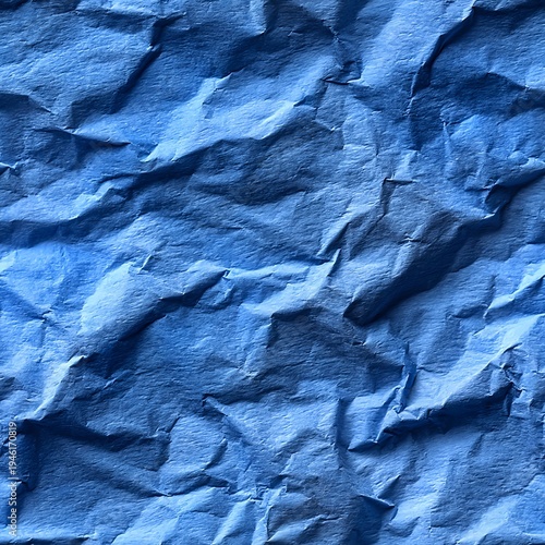 Seamless pattern of classic plain blue crumpled paper texture with detailed fold lines for minimalist banner and web design