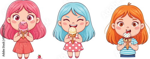 Cute cartoon girls eating ice cream cones with colorful scoops, happy children enjoying sweet dessert, summer fun, happiness and childhood illustration
