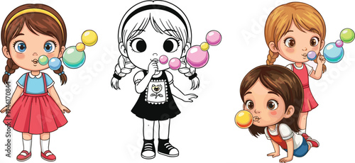Cute cartoon girls blowing colorful soap bubbles, happy children playing together, fun childhood activity, vector illustration for kids entertainment design.