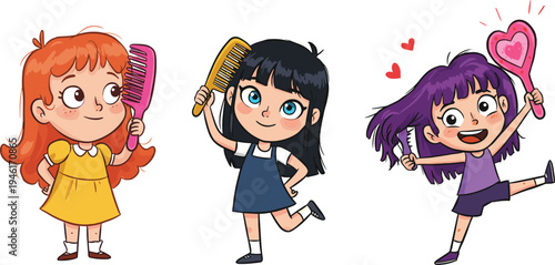 Cute cartoon girls happily combing and brushing their hair with colorful combs and mirror, adorable playful children vector illustration design.