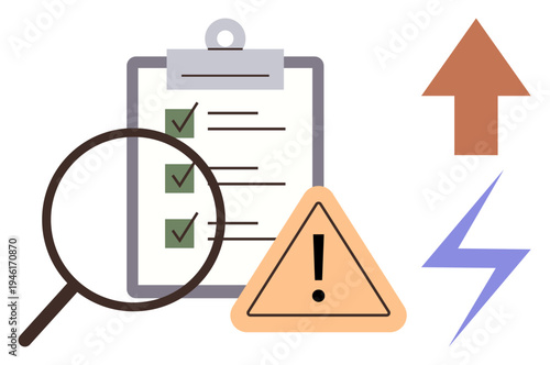 Risk assessment, decision-making, project management, auditing, safety standards, compliance processes. Checklist with green checkmarks, warning icon magnifying glass. Risk assessment
