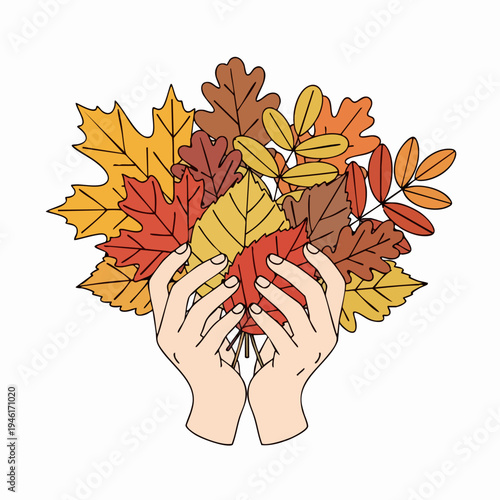Hands holding a bouquet of colorful autumn leaves.