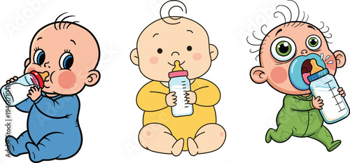 Cute vector illustration of three adorable cartoon babies in colorful outfits drinking milk from bottles while sitting and crawling in playful poses.