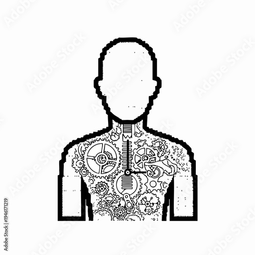Human body with intricate clockwork gears inside chest.