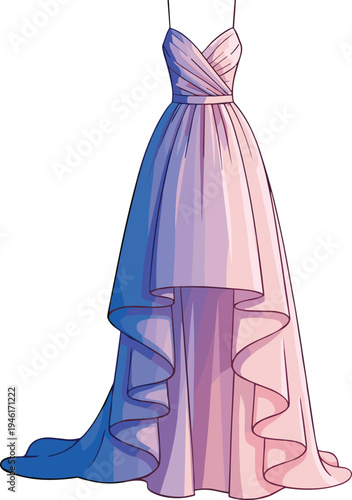 Elegant high-low evening gown with sweetheart neckline, spaghetti straps, crisscross bodice, flowing fabric, romantic style, fashion vector illustration design