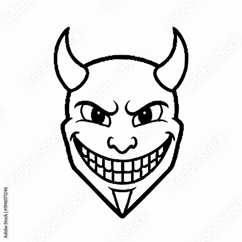 Illustration of a cartoon devil face with horns and a wide grin.